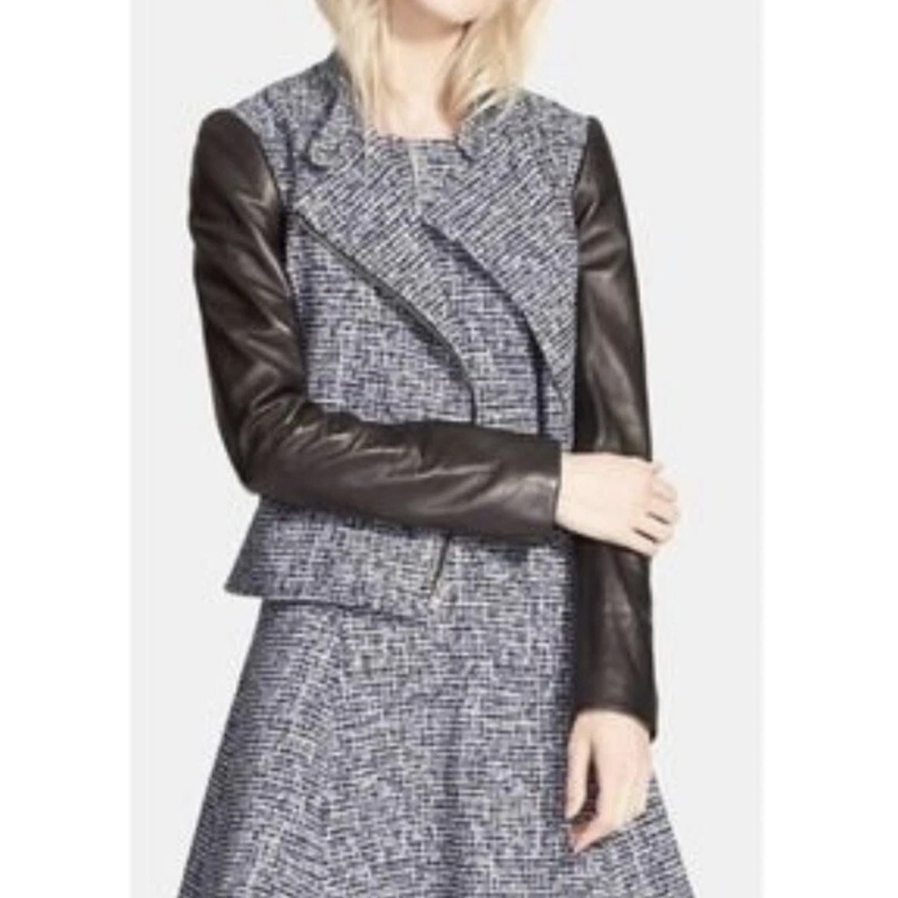Theory Women’s Kinde Leather Sleeves Moto Jacket Asymmetric Zip